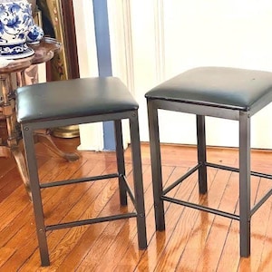 Leather Bar Stools - Matt Black Steel Frame - Set of 2