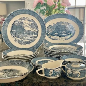 Currier and Ives Blue & White Dinnerware Set: Vintage Royal China Harvest Pattern