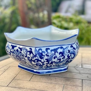 Vintage Delft Blue & White Floral Planter Pot: Chinoiserie Garden Decor