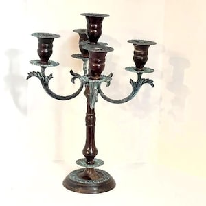 Vintage 5 Arms Ornate Candelabra with Brush Green Patina. Cast Iron Metal Table Candelabra Candlesticks Centerpiece Decor Made in India