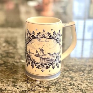Vintage Hand-Painted Delft Blue Heineken Stein: Holland Porcelain Barware