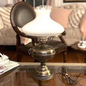 Vintage Brass Hurricane Table Lamp with Milk Glass Shade