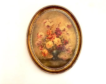 Pintura a óleo floral vintage e melancólica | Natureza-morta sobre painel em moldura oval