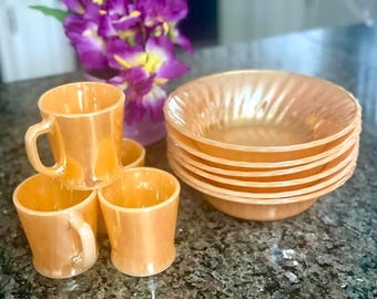 3 Vintage Fire King Peach Lustre Bowls - Anchor Hocking Swirl Dinnerware
