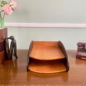 Vintage 2-Tier Wood In/Out Paper Tray: Legal/Letter Desk Organizer Office Decor