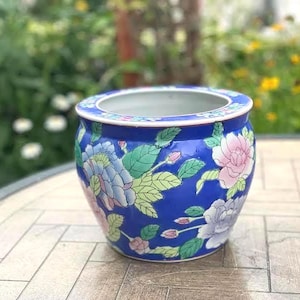 Vintage Chinoiserie Planter: Floral Blue Round Bowl, Farmhouse Boho Decor