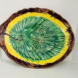 Antique Dragonfly & Lily Pad Majolica Plate, English Decorative Art  circa 1890 Display Plate