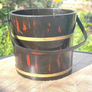 Vintage Large Wooden Bucket Wood Firkin with Handle and Metal Bands Unique Country Decor Garden/ Decor Farmhouse Storage Bucket