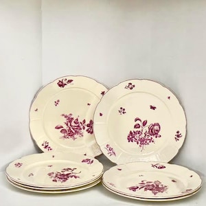 Antique Set of 6 Magenta and White Frankenthal Wedgwood Etruruia Floral Plates. Wedgwood London England 1890s Dinnerware Kitchen & Dining
