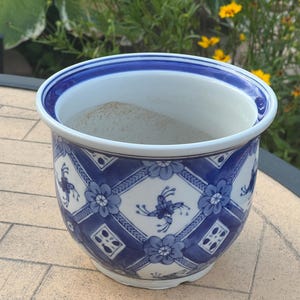 Vintage Delft Blue & White Chinoiserie Floral Planter, Garden Decor
