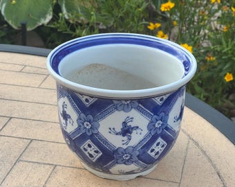 Vintage Delft Blue & White Chinoiserie Floral Planter, Garden Decor