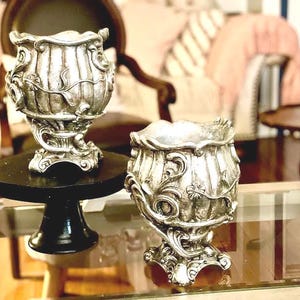 Art Nouveau Silvered Metal Planters: Embossed Acanthus Leaf Design, Set of 2