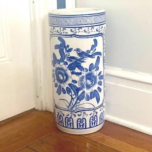 Vintage Chinoiserie Blue and White Umbrella Stand or Cane Stand 18” inches Chinese Porcelain Floral Blue and White Collectible Home Decor