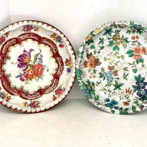 Two Daher Enamel Ware Metal 10&quot; inch Bowls, Vintage English Gold Floral Pattern Decorative Bowls  Florals and Gold Accents