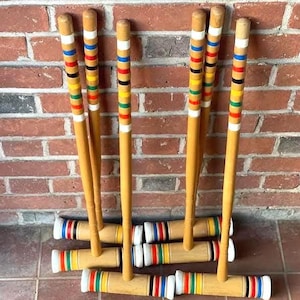 Vintage Maple Wood Croquet Mallet Set: Rainbow Stripe Lawn Game