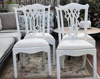 Set of 4 Maitland Smith Chippendale Mahogany Dining Room Chairs: Carved Wood Painted White