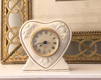 Lenox Heart Shaped Quartz Clock Gold Trim: Vintage Porcelain Timepiece Decor