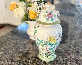 Vintage Porcelain Chinoiserie Floral Urn/Jar with Lid: Andrea By Sadek;