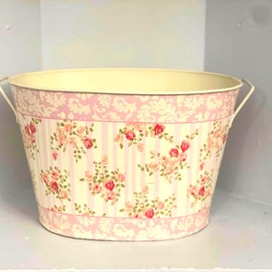 Vintage Toleware Bucket: Floral Rose Pattern Metal Cache Pot with Handles