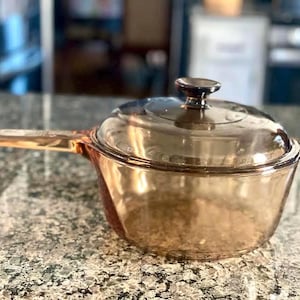Vision Corning Glass Lidded Saucepan with Spout. Amber Color,  Retro Pyrex Glass Stovetop  Replacement Cookery Vintage Cookware