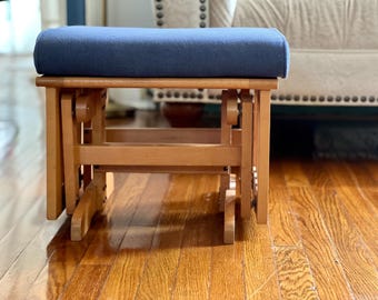 Vintage Handcrafted Glider Ottoman: Blue Corduroy Wood Rocking Footstool