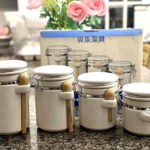 Set of 4 White Stoneware Jar Canisters with Airtight Lids In Original Box Pantry Storage Kitchenware Storage Organization Kitchenware