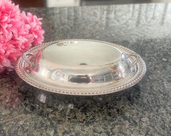 Travessa oval vintage prateada com tampa para servir entradas, utensílio de mesa oco.