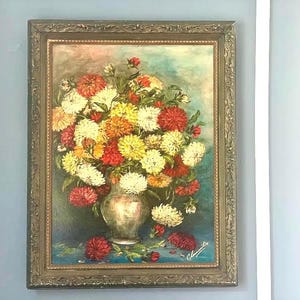 Oil on Canvas Painting Art of Still Life With Flowers Bouquet Artist Signed, Antique Frame Hardboard Backing Wood, Home Gallery Wall Decor