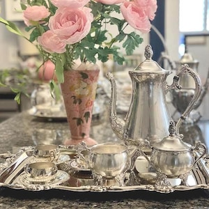 Vintage Gorham Silver Plated Tea Set: Newport Pattern, Ornate Tray & Cups