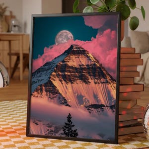 Surrealism Wall Art, Mount Everest, Himalayas, Pink Sky, Framed Poster