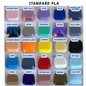 May include: Image showcasing a variety of Standard PLA colors. The image displays a grid of square-shaped samples in colors such as Sakura Pink, Rose Gold, Lilac, Blue, and Moonlight Glitter. Each sample has a label with its color name.