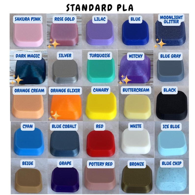May include: Image showcasing a variety of Standard PLA colors. The image displays a grid of square-shaped samples in colors such as Sakura Pink, Rose Gold, Lilac, Blue, and Moonlight Glitter. Each sample has a label with its color name.