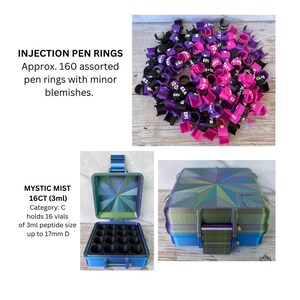 May include: A collection of approximately 160 black and pink injection pen rings with text, alongside a square Mystic Mist case with a 16-count insert for 3ml vials, featuring a blue, green, and purple iridescent finish and a starburst pattern.