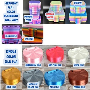 May include: A collection of 3D-printed containers and boxes in various colors and finishes. Some have gradient color schemes, while others are single-color silk PLA. Colors include pink, purple, gold, silver, and blue. Text on the image indicates color names.