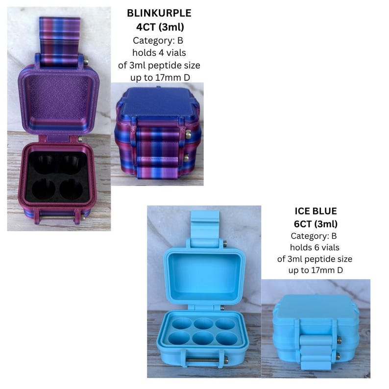 May include: Two square storage cases for 3ml vials. The Blinkurple case has a purple and blue gradient finish and holds 4 vials up to 17mm in diameter. The Ice Blue case is solid light blue and holds 6 vials up to 17mm in diameter. Both feature hinged lids.