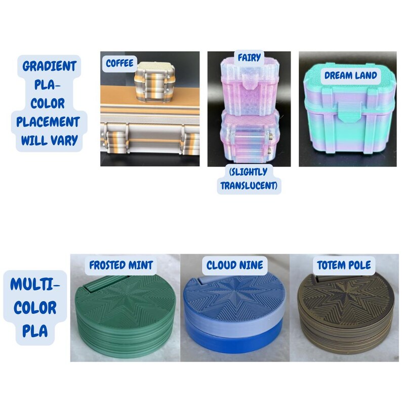 May include: A collection of small, colorful storage containers and round, star-patterned objects. The containers are labeled "Coffee", "Fairy", and "Dream Land". The round objects are labeled "Frosted Mint", "Cloud Nine", and "Totem Pole". The text "Gradient Pla-Color Placement Will Vary" and "Multi-Color Pla" are also present.