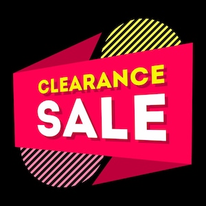 May include: A graphic design featuring a bright pink folded banner with the text CLEARANCE in yellow and SALE in white. The banner is layered over two circular shapes, one with yellow and black diagonal stripes and one with pink and black stripes.