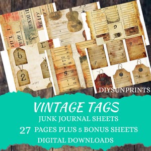 Vintage Tags Junk Journal, 27 Digital downloads, 8.5 x 11, Printable Journal Ephemera, Paper Craft, Vintage Tags Junk Journal Supplies