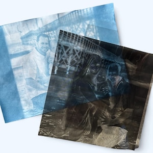 May include: A family of four poses for a photo in front of a wooden bridge. The photo is a cyanotype, a photographic printing process that creates a blue and white image.