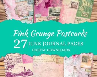 Roze grunge-postkaart Junk Journal Kit: 27 afdrukbare ephemera (digitale download)