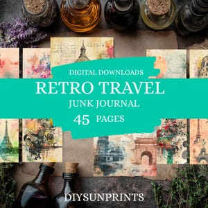 Kit per diario di viaggio retrò, 45 pagine digitali, 8,5 x 11, materiale di diario stampabile, carta per lavoretti, forniture per diario di viaggio retrò