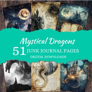 May include: 51 digital printable junk journal pages featuring mystical dragons, castles, and moonscapes.  These pages are perfect for adding a touch of magic to your journals and scrapbooks.