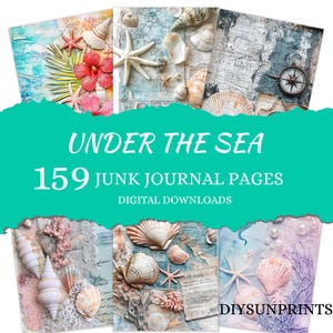 Diario basura BAJO EL MAR: paisajes marinos, conchas, estrellas de mar, corales, etiquetas imprimibles de playa, bolsillos, tarjetas, descarga digital