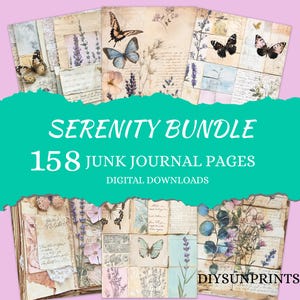 SERENITY Junk Journal Kit, Ephemera, 158 Junk Journal-bladen, Digital Paper Pack, Botanische achtergronden, Scrapbooking
