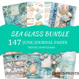 Kit de diário de fé Sea Glass, cartões de escritura, etiquetas de versículos bíblicos, imprimíveis de citações inspiradoras, downloads de itens efêmeros costeiros