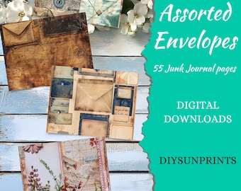 May include: Assorted vintage envelopes with distressed textures and aged paper. 55 Junk Journal pages. Digital Downloads. Diysunprints.