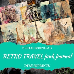 Kit per diario di viaggio retrò, 45 pagine digitali, 8,5 x 11, materiale di diario stampabile, carta per lavoretti, forniture per diario di viaggio retrò