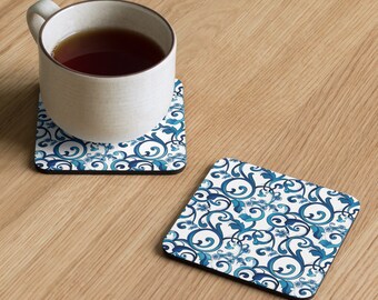 Mediterranian Blue Pattern Cork-back coaster, Blue Drink Coaster