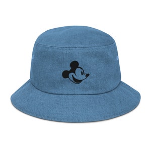 Blue Denim bucket hat with embroidered retro Mickey Mouse profile