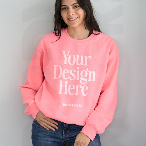 Gildan 18000 Sweatshirt Mockup | Gildan Safety Pink Sweatshirt G180 Mockup | Model Mockup | Birdy Mocks